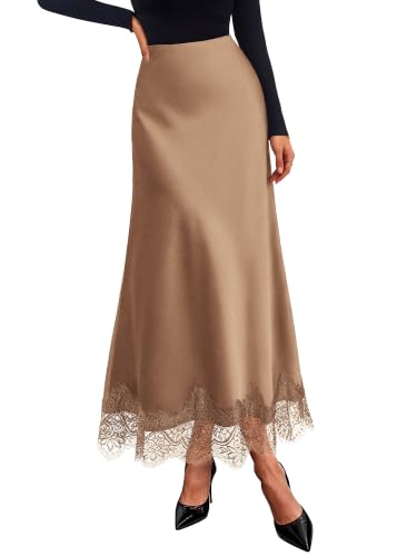 BTFBM Lace Trim Satin Skirts for Women Elegant - color: Coffee, size: Large