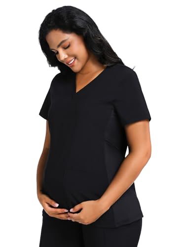 COZYFIT Maternity Scrub Top, V-Neck Pregnancy Shirt with 2 Pockets - color: Black, size: Medium