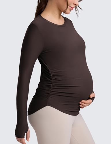 CRZ YOGA Maternity Side Ruched Tops - color: Hot Fudge Brown, size: Medium