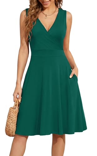 WEACZZY Women Summer V Neck Sleeveless Dress with Pockets Beach Sundress - color: Dark Green, size: Small