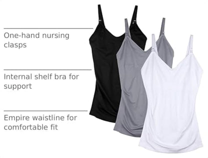 Womens Maternity Nursing Tank Cami for Breastfeeding with Adjustable Straps - color: Black/Grey/White, size: Small