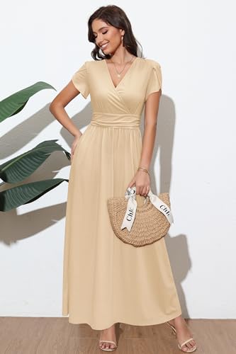 OUGES Women's Wrap V Neck Summer Maternity Photoshoot Dress with Pockets - color: Beige, size: Large