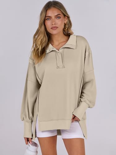ANRABESS Sweatshirt for Women Oversized Casual Fall Henley Pullover Top - color: Apricot, size: Small