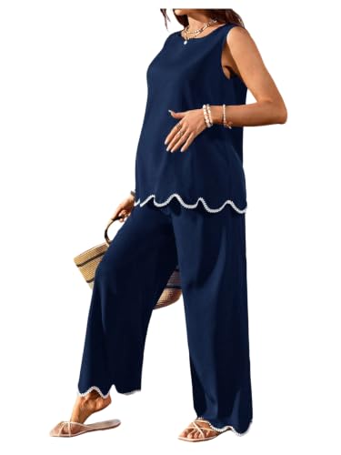 RoseSeek Women's Maternity 2 Piece Outfits Tank Top and Wide Leg Pants - color: Deep Blue, size: Medium
