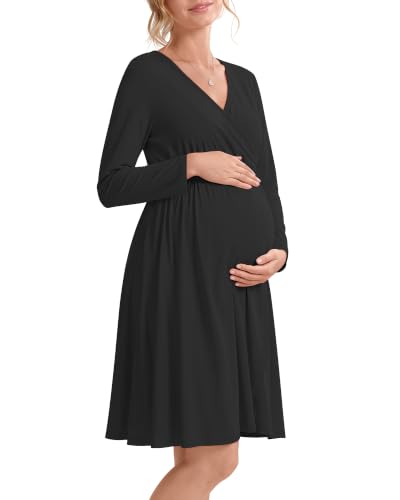 Locoowai Maternity Wrap Long Sleeve Dress V Neck Fall Dress - color: Black, size: Large