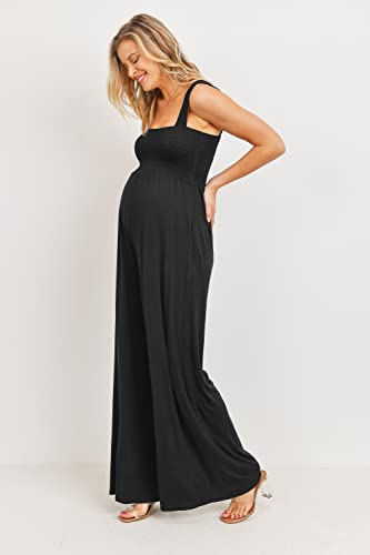Women's Maternity Sleeveless Jumpsuit Romper with Smocked neck and pockets - color: Black, size: Medium