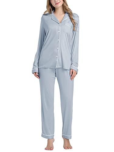 Cherrydew Women's Bamboo Viscose Cooling Long Sleeve Button Up Pajama Set - color: Dusty Blue, size: Small