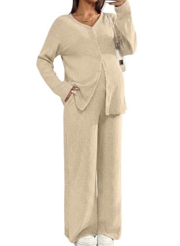 BLENCOT Maternity Lounge Set 2 Piece Long Sleeve Top and Pants with Pockets - color: Beige, size: XX-Large