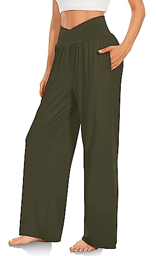 TARSE Womens Wide Leg Casual Loose Pants Yoga Sweatpants - color: Army Green, size: 3X-Large