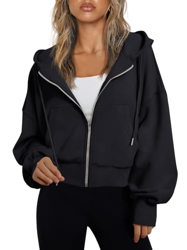 Trendy Queen Womens Zip Up Hoodies Cropped Jackets Fall Outfits 2026 - color: Black, size: X-Large