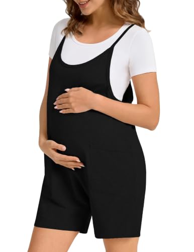 Cotton Blend Maternity Adjustable Strap Overall Shorts - color: Black, size: Small