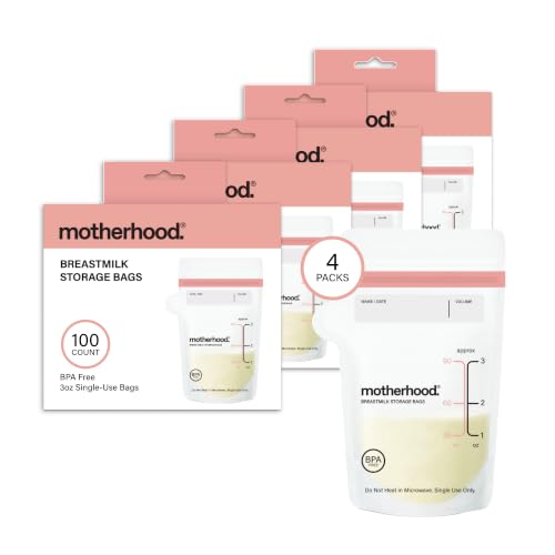 Motherhood Maternity Breastmilk Storage Bags, 6 oz, 400 Count (100 Bags x 4 Pack) – Leak Proof Breast Milk Freezer Storage Bags, Pre-Sterilized & BPA Free, Self-Standing & Flat Lay - size: 6 Ounce, 100 Count (4 pack)