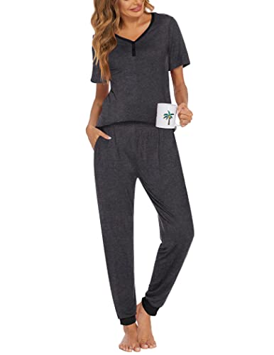 Ekouaer Pajamas for Women Set 2 Piece Fall Sleepwear with Pockets - color: Dark Gray, size: Medium