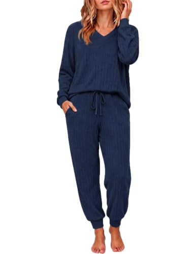 Ekouaer Lounge Sets for Women Long Sleeve Ribbed Knit Pajama Set - color: Navy Blue, size: Large
