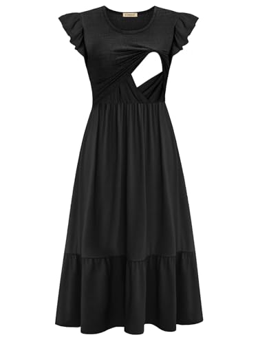 CzzzyL Women's Nursing Dress Flutter Sleeve Crew Neck Smocked Midi Pockets - color: Black, size: Large
