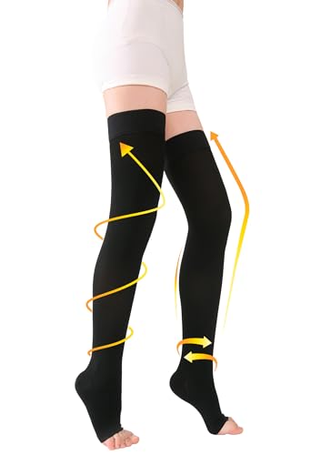 TOFLY 20-30mmHg Thigh High Compression Stockings Open Toe for Men & Women - color: 20-30mmhg Open-toe Black, size: Medium