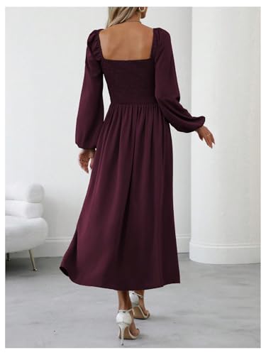 Floerns Women's Square Neck Lantern Long Sleeve Split Ruched Midi Dresses - color: Maroon, size: Medium