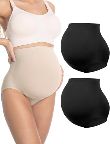 HOFISH Seamless Over-Bump Maternity Underwear, High-Waisted Panties - color: 2blacks, size: Medium