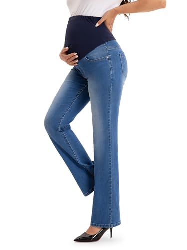 SEVEGO Women's 29"/31"/33"/35" Maternity Bootcut Jeans Over the Belly Pregnancy Flare Stretch Denim Pants Pockets Comfy - color: Blue, size: Medium