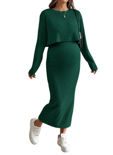 BLENCOT Maternity 2 Piece Outfits Ribbed Knit Crop Top Midi Skirt Set - color: Blackish Green, size: Small