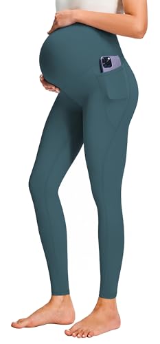 JOYSPELS Smooth Feeling Maternity Workout Leggings with Pockets Pregnancy Pants Over The Belly - color: Teal Blue, size: X-Small
