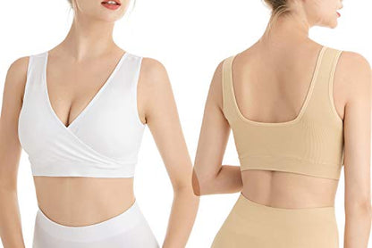 Lemef Nursing Sleep Bras Wirefree Maternity Breastfeeding Bras 3 Pack - color: Black&beige&white, size: Medium