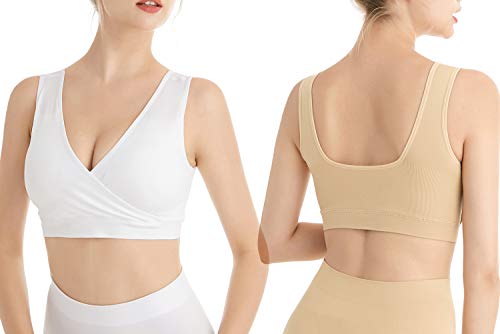 Lemef Nursing Sleep Bras Wirefree Maternity Breastfeeding Bras 3 Pack - color: Black&beige&white, size: Medium