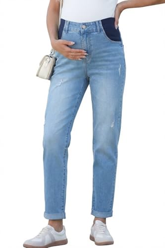 BLENCOT Maternity Jeans High Rise Stretchy Waistband Straight Leg - color: Light Blue, size: Medium