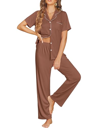 Ekouaer Womens Pajama Sets Button Down Lounge Sets 2 Piece Short Sleeve Pjs - color: Brown, size: Large