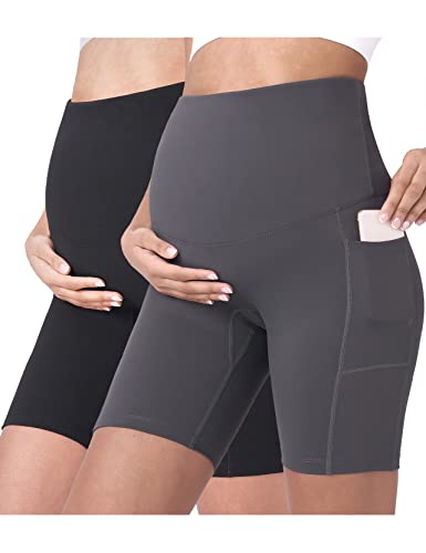 POSHDIVAH Maternity Biker Shorts Over the Belly with Pockets 5"/8" - color: Black Grey, size: Medium