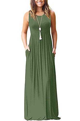 AUSELILY Women's Summer Sleeveless Loose Plain Casual Long Maxi Dresses - color: 01-army Green, size: Medium