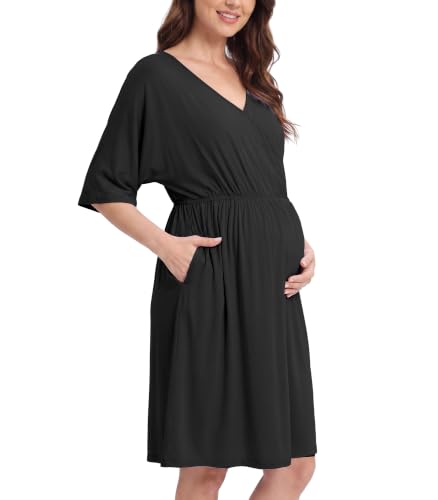 3 in 1 Labor/Delivery/Hospital Gown Bamboo viscose Maternity Dress Nursing Nightgown Sleepwear with Pockets S-XXL - color: Black, size: Medium