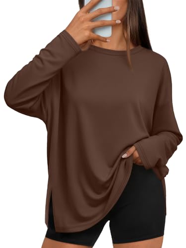 Trendy Queen Womens Oversized Side Slit Long Sleeve Shirts Fall Tops - color: Brown, size: Small