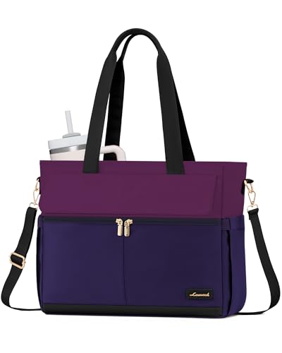 LOVEVOOK Laptop Bag for Women 15.6 Inch Canvas Laptop Large Capacity Work Bags Mutiple Pockets Teacher Bag Water Resistant Computer Bags for Business Travel Nurse, Dark Purple-Black - color: Dark Purple&black, size: 15.6 Inch