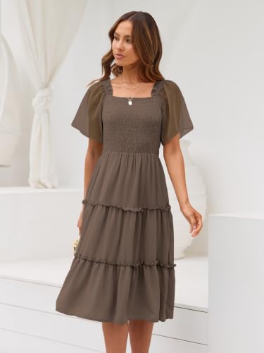 LILLUSORY Women Tiered Flutter Sleeve Square Neck Smocked Midi Dress - color: Brown, size: X-Large