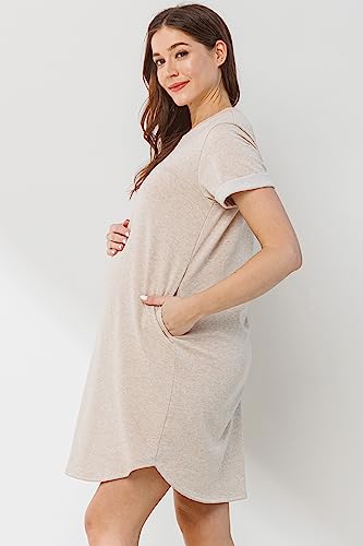 LaClef Womens Short Sleeve Maternity T-Shirt Dress with Pockets - color: Oatmeal, size: X-Large