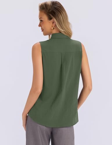 LOMON Women’s Summer Sleeveless Button Down Shirt Office Collared Blouses with Pleated Front Casual Basic Tank Tops - color: Amy Green（cotton）, size: Medium