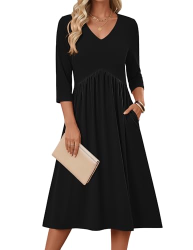 Zeagoo Summer Dresses for Women 2026 3/4 Sleeve Casual Midi Tshirt Dresses - color: 01 Solid Black, size: X-Large