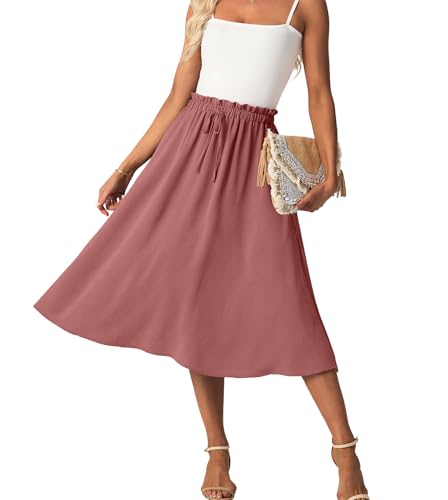 FREEOAK High Waist Skirts for Women Below Knee Casual Flowy Summer Midi Skirts Palazzo A-Line Long Skirt with Pockets - color: A - Brick Red, size: Small