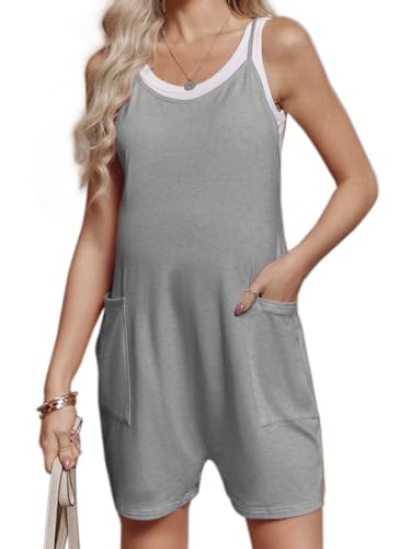 FMEYOA Maternity Romper Sleeveless Overall Shorts Jumpsuit with Pockets - color: Grey, size: Large