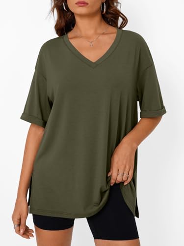 Trendy Queen Plus Size Oversized V Neck Tshirt Tops Workout Wear - color: Army Green, size: Medium