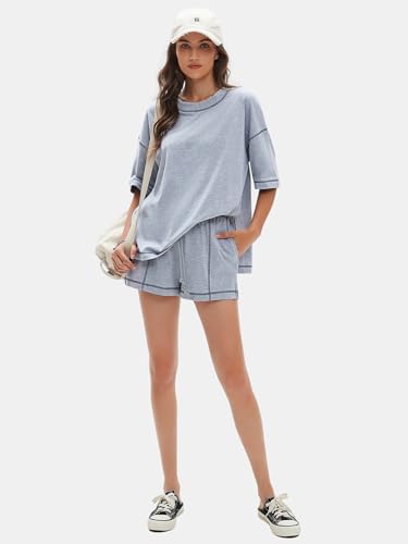 EXLURA Womens Short Sets 2 Piece Outfits Summer 100% Cotton Matching Set - color: Grey, size: Medium