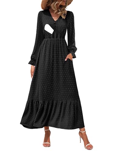 CzzzyL Women Nursing Boho Maxi Dress Swiss Dot Smocked with Pockets - color: S-black, size: Medium