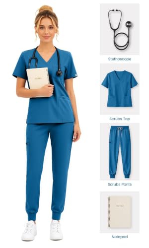 Scrubs for Women Set, V-Neck Top & Jogger Pants - color: Caribbean Blue, size: Large