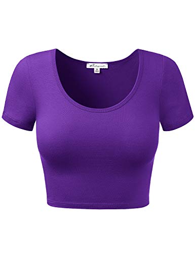 Women Cotton Scoop Neck Crop Tops Short Sleeve Basic Casual Shirts - color: 939-purple, size: X-Small