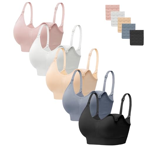 HBselect Women Maternity Bras 5 Pack Nursing Bras for Breastfeeding - color: 5pack(pink/White/Nude/Dusty Blue/Black), size: Medium