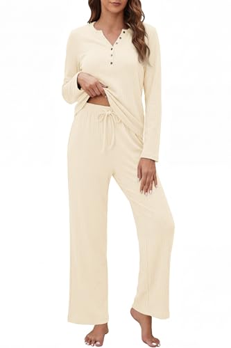 OUGES Women's Maternity Nursing Pajamas Sets Pregnancy Delivery Lounge Pjs - color: Off-white, size: X-Large