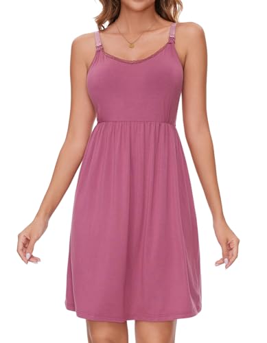 Sosolism Women's Maternity Nursing Nightgown Built-in Pad S-XXL - color: Dusty Rose, size: Medium