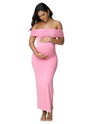Women's Maternity Mesh Off Shoulder Party Long Dress Baby Shower - color: Pink, size: X-Large