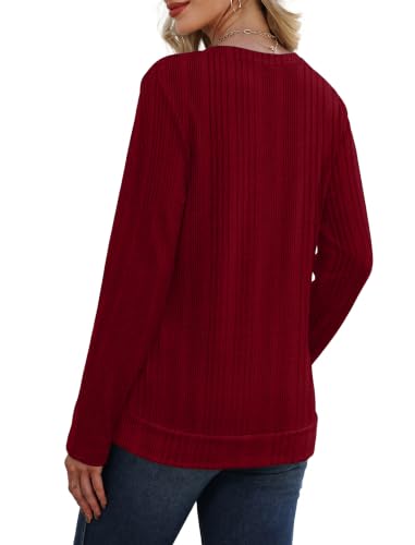 Sampeel V Neck Long Sleeve Shirts Button Side Sweaters Color Block Tops - color: Burgundy, size: Large
